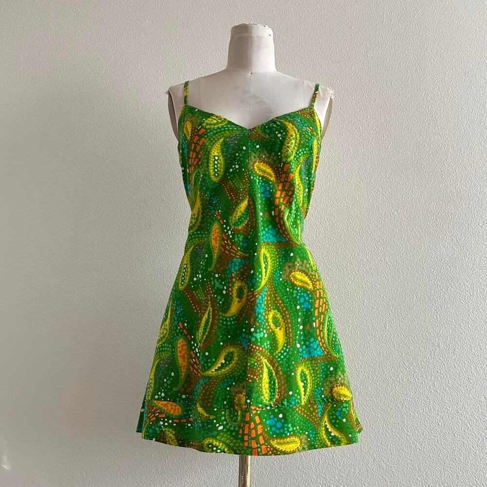 handmade bright green yellow paisley loud print cami mini dress